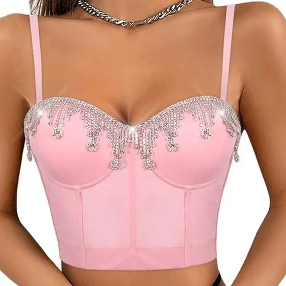 NWT Sparkling Bling Swarovski Crystal Rhinestone Pink Bustier Bra Top + …